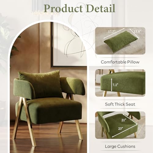 Image of Modern Velvet Dining Chairs Set of 2 with Arms and Gold Metal Legs, Green