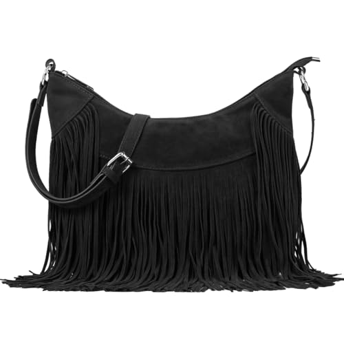 Sunwel Fashion Women Fringe Hobo Bag Western Purse Shoulder Bag Vegan Suede Tassel Hippie Crossbody Bag (Black)