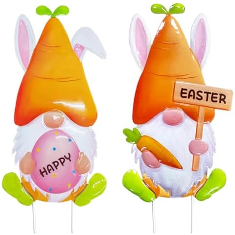 2 Pcs Easter Decorations Yard Stakes Sign, 23 Inch Metal Bunny Egg Gnome Stake, Metal Rabbit Happy Easter Holiday Outdoor Garden Welcome Signs Yard Lanwn Stake Cover