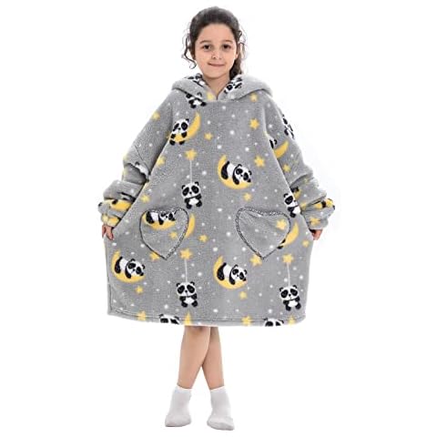 Adisputent Kids Blanket Hoodie Oversized Snuggle Blanket Sherpa Fleece Lined Blanket Hooded with Pockets Boys Girls Soft Cozy Fluffy Wearable Blanket 5-15 Years (Panda) Cover