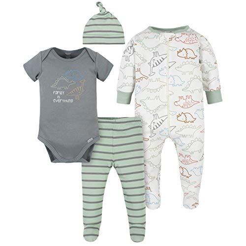 Gerber Baby Boys' 4-Piece Sleep 'N Play, Onesies, Pant and Cap, Dino and Green, 0-3 Months
