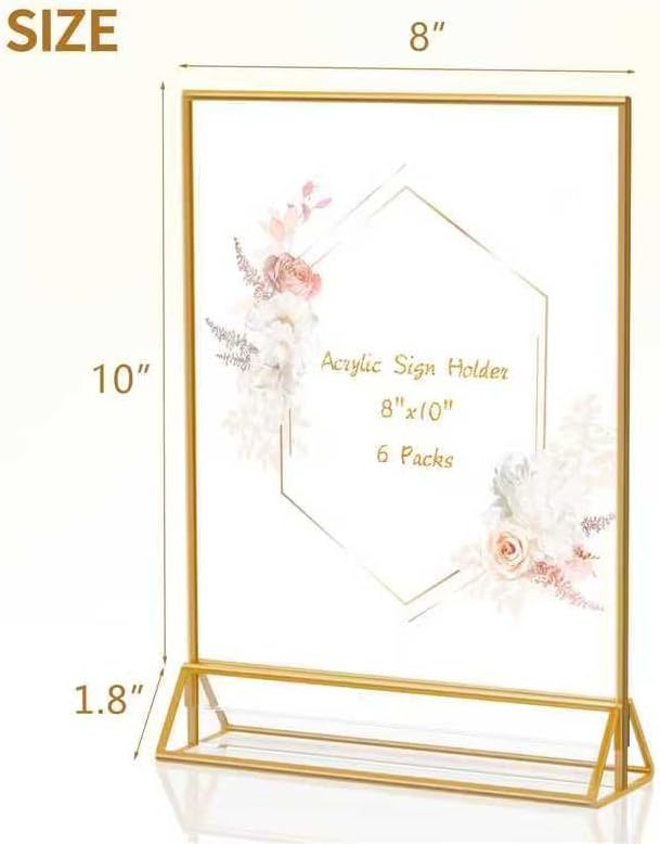 gold frames 8x10 clear acrylic sign holder gold picture frames, double sided menu holder display stand for weddings table numbers (pack of 6) 8x10-6 pack-gold