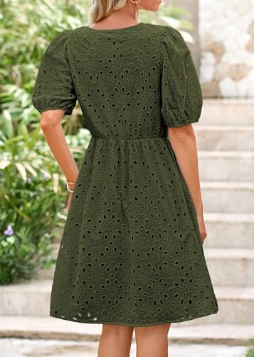 Image of KIRUNDO Eyelet Summer Dresses for Women 2025 Short Sleeve Tie Front Babydoll A Line Wedding Guest Beach Vacation Sundress