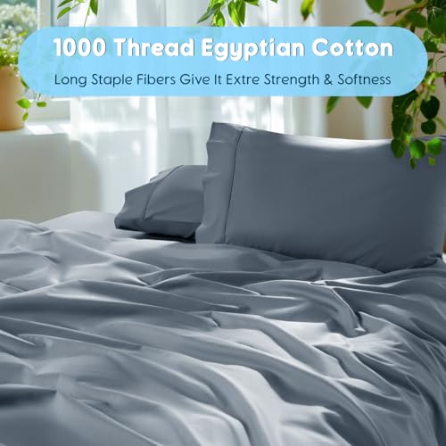 Image of SONORO KATE 1000 Series 100% Egyptian Cotton King Sheet Set,4 Pieces | Soft,Breathable Long Staple,Sateen Weave,Luxury 5-Star Hotel Bed Sheets,16 inch Deep Pocket,French Blue