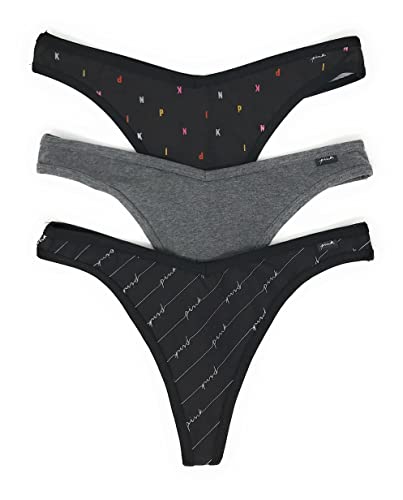 Victoria's Secret PINK Thong Panty Set of 3 Medium Black Mini Logo / Dark Gray / Black Logos