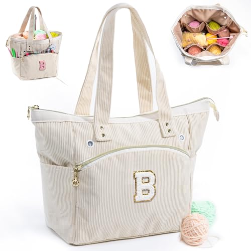 Image of Initial Personalized Crochet Tote - Corduroy Yarn Storage Holder - Organizer for Hooks, Accessories - Project Knitting Bag - Crochet Lover Gift