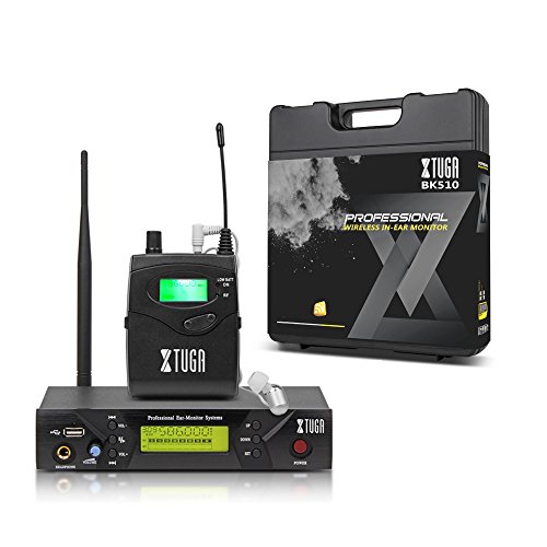 XTUGA BK510 Single Channel Wireless in-Ear Monitor System UHF 40-Channel Wireless Professional in-Ear Monitor System USB and White Color Earphone with Carry case