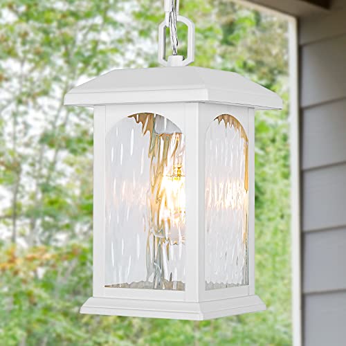 White Outdoor Pendant Light Fixture - Adjustable Exterior Hanging Light Fixtures, Waterproof Porch Light With Rippled Glass, Modern Outside Chandelier For Gazebo, Front Door, Patio, Anti-Rust #TOP6