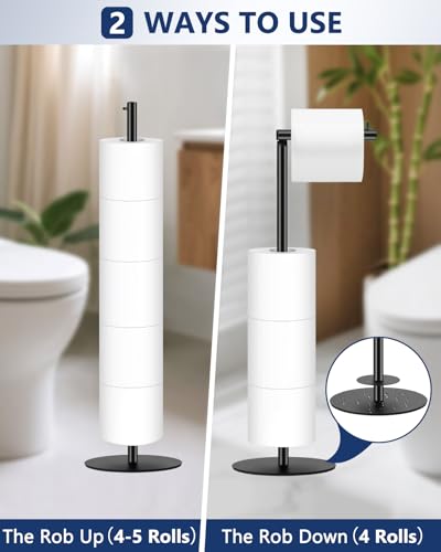 Toilet Paper Holder Stand, Bathroom Toilet Paper Stand with Shelf, Free Standing Toilet Paper Roll Storage Holder for 4 Rolls, Black, Naturous - Thumbnail 3