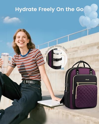 Image of LOVEVOOK Laptop Backpack for Women with Giant Tumbler Holder Pocket, 15.6 Inch Water Resistant Lightweight Daypacks for College Work Business, Nurse Teacher Computer Bags, Purple Black