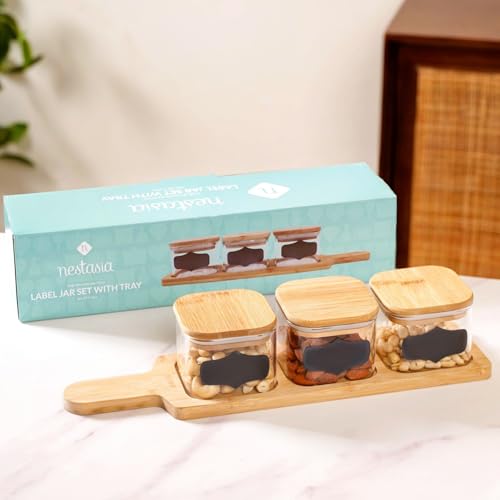 Image of Nestasia Set of 3 Clear Glass Square Snack Serving Jars with Tray | Containers for Stylish Snack Presentation, Organization and Gifting Purposes (350ml)