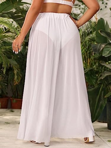 Floerns Women's Plus Size Sheer Mesh Elastic Waist Wide Leg Beach Cover Up Pants White 1XL2