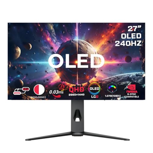 GAMEON 27 OLED QHD Gaming Monitor Black 240Hz 0.03ms HDMI 2.1 DP 1.4 USB-C HDR10 FreeSync G-Sync 10-Bit 98.5% DCI-P3 KVM RGB Adjustable Height Tilt Pivot Swivel