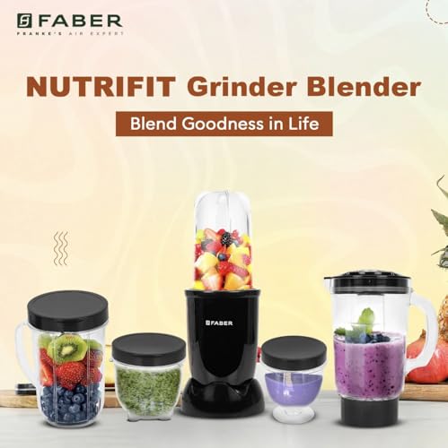 Image of Faber 550W Sportz Blender FSB 5-in-1 Nutrifit Nero|100% Copper Motor|Detachable SS Blade|5 PC Jars 1L+500ML+500ML Mug+300ML+300ML Dessert Cup|Dry & Wet Grinding|Nutri Blender Smoothie|2 Year Warranty