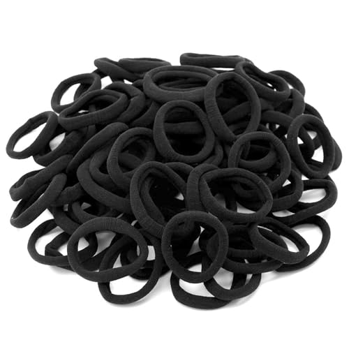 Image of GLUN 2inch Pack of 100 Black Color Ponytail Holders Hair Ties for Girls & Women, Soft Elastic Rubber Bands for Thick Hair, Non-Slip Stretchable Scrunchies for Daily, School & Office Use