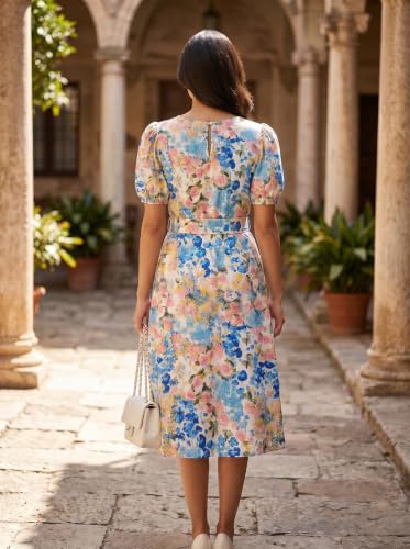 Image of HELLCAT Women Floral Fit & Flare Midi Dress | Round Neck, Puff Short Sleeve, Waist Tie-Up Belt | Casual Brunch Wear, Western One Piece, A-Line Long Frock, Summer Party Outfit