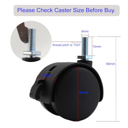 4pcs 1.5 Inch M6 Threaded Stem Swivel Caster Wheels Universal 360 Degrees Rotatable Caster Replacement with Locking Brake for Rolling Small Furniture Desk Cabinet Shelf, Load Capacity 66Lb