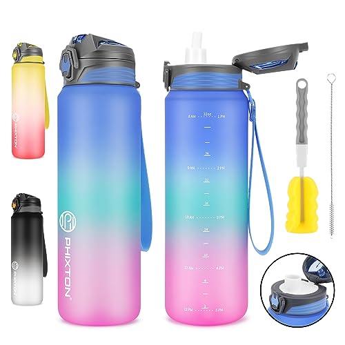 PHIXTON Water Bottle 32 OZ With Removable Straw, With or NO Straw, 32OZ BPA Free Thick Tritan Plastic Flip Top Waterbottle, Motivational Time Marker Leak Proof Water Jugs For Drinking Sports Travel
