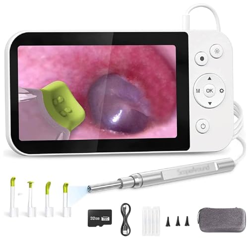 Wasd3Pods Cámara De Otoscopio De Oído con Pantalla De 5 Pulgadas, Alcance De Oído HD De 3,9 Mm con Luz, Tarjeta De 32 G Pies, Admite Almacenamiento De Fotos Y Grabación De Video