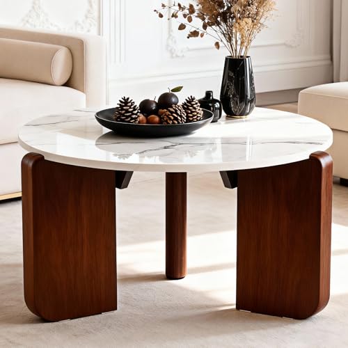 Real Marble Top Coffee Table, 23.6 Inch Round Coffee Table with Solid Wood Legs, Round Marble Coffee Tables for Living Room, Modern Design, Minimalist and Durable, White and Brown Coffee Table