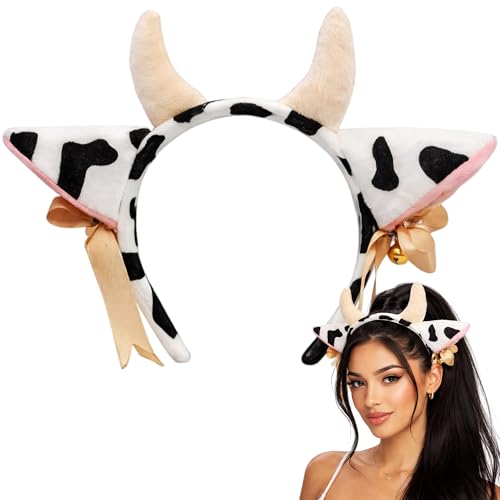 JazSwirl Cow Ears Headband 7.1x10.6in Plush Cow Headband with Horns Cow Ears Costume Animal Ear Headband for Party Cosplay Festival Soft Comfortable