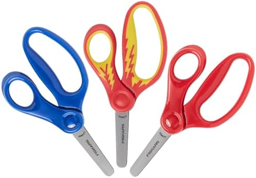 Fiskars 5" Blunt-Tip Scissors for Kids 4-7, For School or Crafting, 3 Pack: Blue, Red Lightning