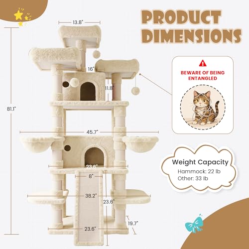 Image of SHA CERLIN 81 Inches Extra Large Cat Tree for Indoor Adult Cats /XXL Big Cat Tower with Condo /Cozy Perches /Sisal Scratching Posts and Hammocks /Activity Center /F80 /Heavy Duty /Beige