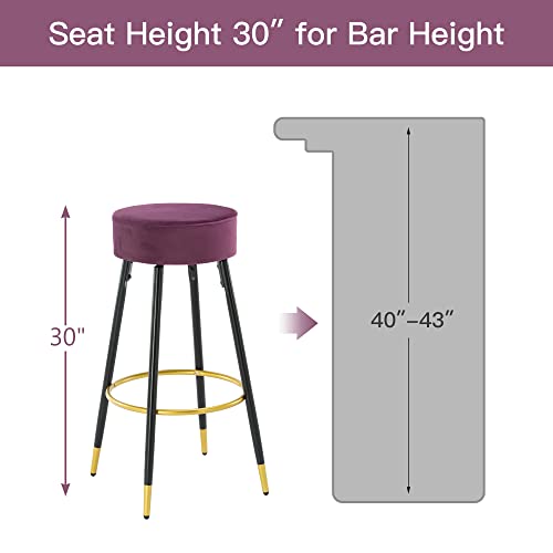 Villeston Bar Height Bar Stools Set Of 2, Round Velvet Stools 30 Inches Barstools With Golden Footrest For Kitchen Island Purple #TOP1