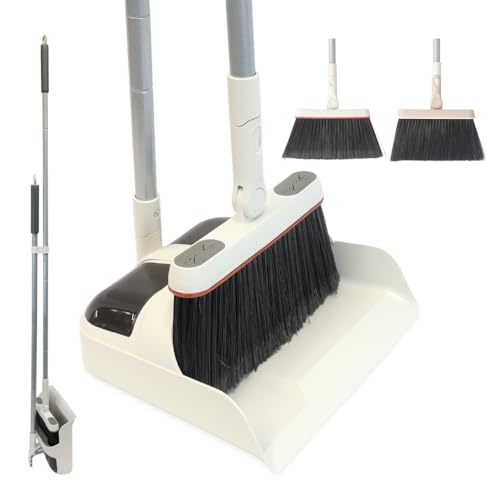 White Magic Broom and Dustpan Set with Extendable Long Handle, 180° Rotating Broom, Interchangeable Indoor & Outdoor Heads, Free-Standing Dustpan with Comb Teeth