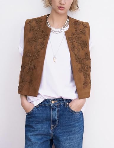 Image of hathne Embroidered Faux Suede Vest for Women Floral Embroidered Vest Sleeveless Open Front Vintage Vests