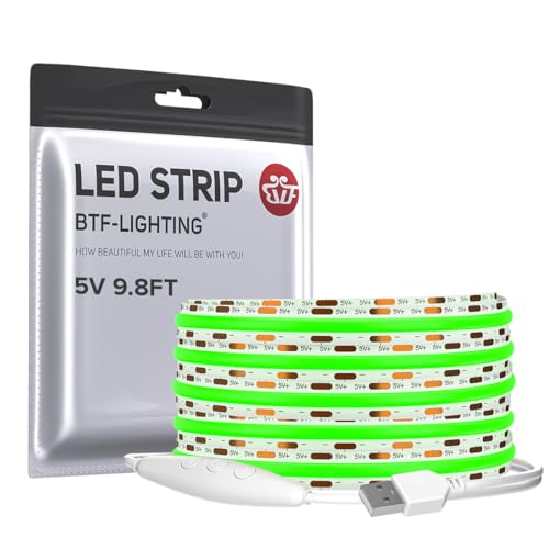 Image of BTF-LIGHTING 5V USB Green Color COB LED Strip Lights Super Bright Dimmable LED Tape Light,9.8FT 320LEDs Flexible Light Strip with Strong 3M Tape for 3D Printer,TV Backlight,Cabinet,Home Lighting