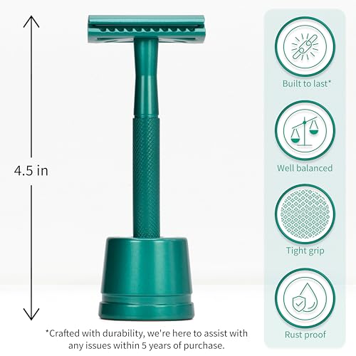 Image of Bambaw Double Edge Close Comb Safety Razor with Stand, Shaving Razor for Men with 5 Safety Razor Blades, Reusable Eco Freindly DE Metal Razor - Sea Green