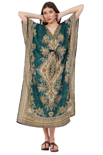 Divine threads Women Kimono Cover Up V Neck Batwing Sleeve Plus Size Beach Kaftan Dresses, Green, Plus