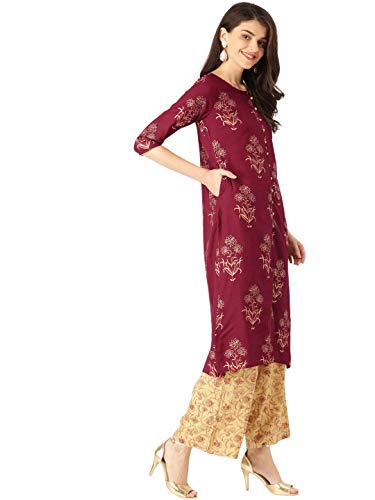 Image of Rapsodia Women's Viscose Straight Kurta With Palazzo Set (R69259-Maroon-RP Gold)