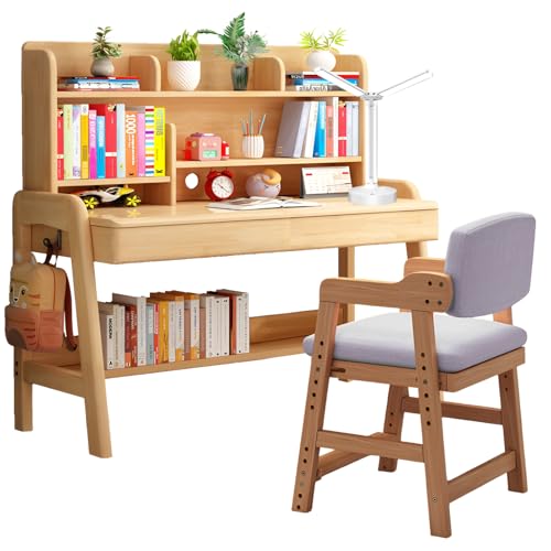 Escritorio y Silla de Estudio de Altura Ajustable, Muebles de Dormitorio de Madera Maciza, Mesa y sillas Rosa con estantes y cajón, Mesa para Estudiantes, estación de Trabajo para