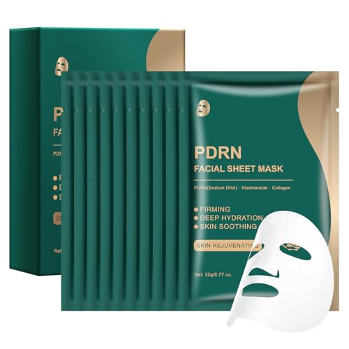 Salmon DNA PDRN Collagen Face Mask 10 Sheets, Hydrating Sheet Mask for Wrinkle & Fine Line Reduction, Glass Skin Care Facial Masks for Women, Moisturizing Anti-Aging