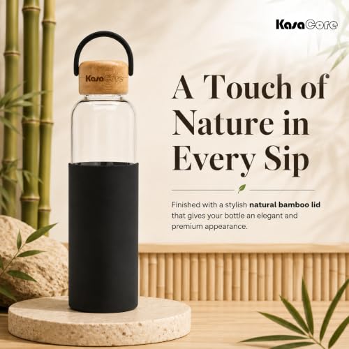 Image of Borosilicate Glass Water Bottle 500 ml | Leakproof Bamboo Lid & Silicone Sleeve | BPA Free Reusable Drinking Bottle for Office, Gym, Travel & Daily Use (Black)