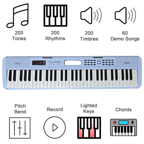 Funtaki Elektronisches Keyboard Piano mit 61 Tasten für Erwachsene und Kinder mit leuchtenden Tasten, MIDI-Konnektivität und Lernmodi – perfektes Anfängerklavier (Blau, Erwachsene/Kinder)