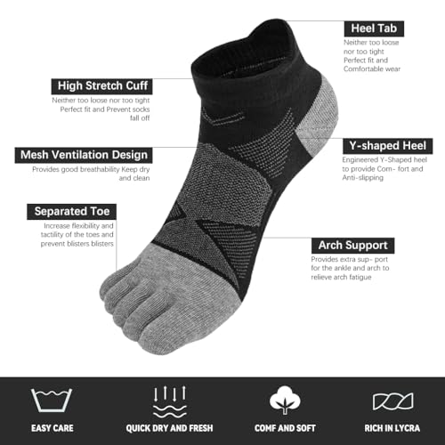 Image of PROBEROS 3 Pairs Mens 5-Toe Yoga Socks, Moisture-Wicking Cotton, Anti-Skid Towel Sole, Athletic Ankle Socks for Exercise, Running & Yoga