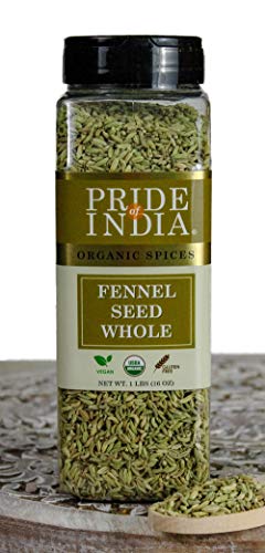 Pride Of India - Organic Fennel Seed Whole - 16 oz (453 gm) Large Dual Sifter Jar - Certified Pure Indian Vegan Spice - Used to Flavor Meat, Fish, Vegetables etc - Offers Value for Money