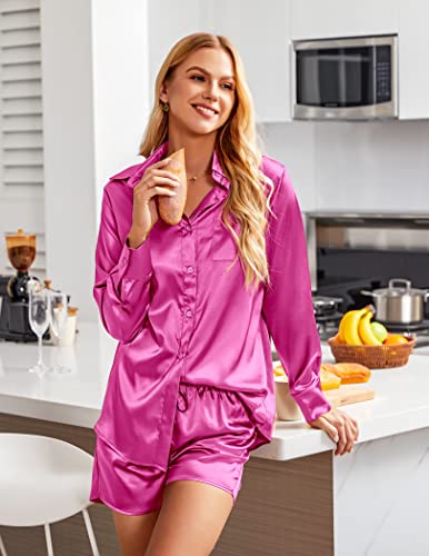 Ekouaer Womens 2 Piece Satin Pajama Set Long Sleeve PJs Sets Button Down Lounge Sets Soft Sleepwear Set3
