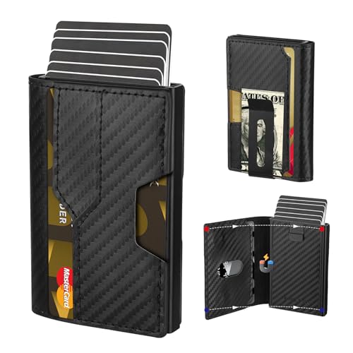 Mens slim Wallet，with RFID Shielding, Holds 9 Cards Easily, metal wallet， card wallet for Men, Minimalist Wallet For Men, Made of aluminum and Pu Synthetic Leather, Includes Cash clip (Carbon Black)