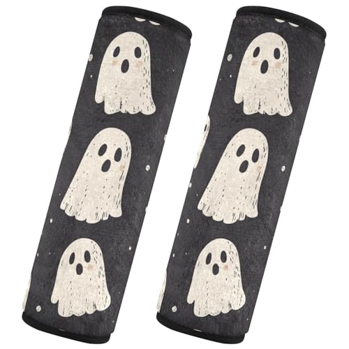 Image of Cute Halloween Ghost Black Seat Belt Cover Pad 2 Pcs Soft Cute Seatbelt Covers Protector Support Head Neck Shoulder Strap for Car Seats High Chair Backpack for Adults Kids Women Men 6.5x6.5In 2