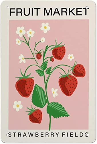 Image of Flyhaw Fruit Market tin Sign Strawberry Fruit Print Kitchen Art Print Food Art Pink Home Decor Dining Room Retro Signs Home Decoration Gifts for Mom Dad and Friends Metal Tin Sign 8x12 Inch