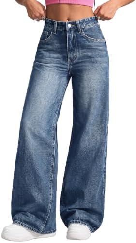 ELLEVEN Baggy Jeans for Woman High Waisted Wide Leg Stretchy Denim Pants Boyfriend Straight Leg Jeans for Women Loose Trousers Blue 8