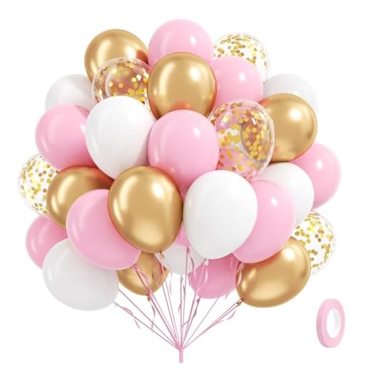60pcs Pink and Gold Balloons 12inch, Pink and White Balloon with Metallic Gold Confetti Balloons for Baby Shower Wedding Birthday Party Decorations