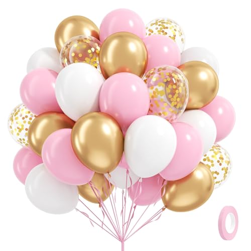 60pcs Pink and Gold Balloons 12inch Pink and White Balloon with Metallic Gold Confetti Balloons for Baby Shower Wedding Birthday Party Decorations