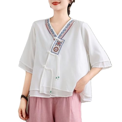 Women's Vintage Embroidery V Neck Frog Button Top Summer Tea Dress Short Sleeve Cotton Linen Shirt-White-L