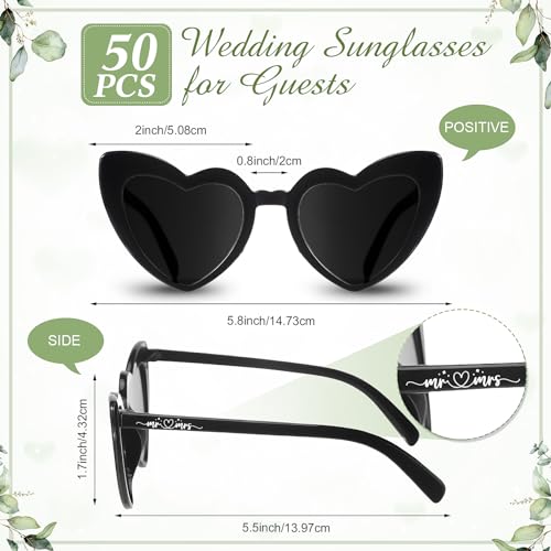 50 Sets Wedding Favors for Guests Sunglasses Wedding Party Gifts Wooden Love Sign Black Heart Glasses Mr & Mrs Sunglasses with Thank You Cards and Hemp Rope2