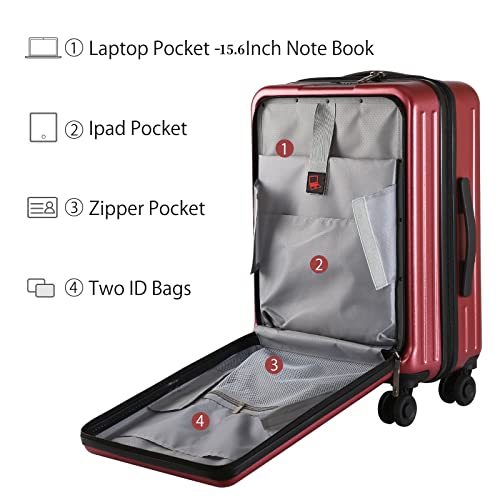 Tydeckare 20 Inch Luggage Carry On With Front Laptop Compartment, 22X14.6X10In, 45L, Lightweight Abs+Pc Hardshell Suitcase With Tsa Lock, Ykk Zipper & 4 Spinner Silent Wheels, Wine Red #TOP1
